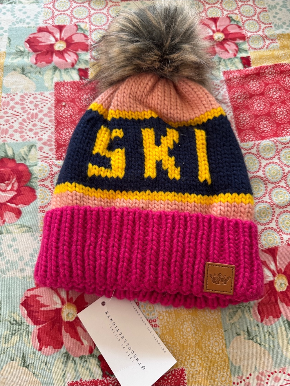 Kids 'SKI' Pom Beanie - Pink, Navy & Yellow